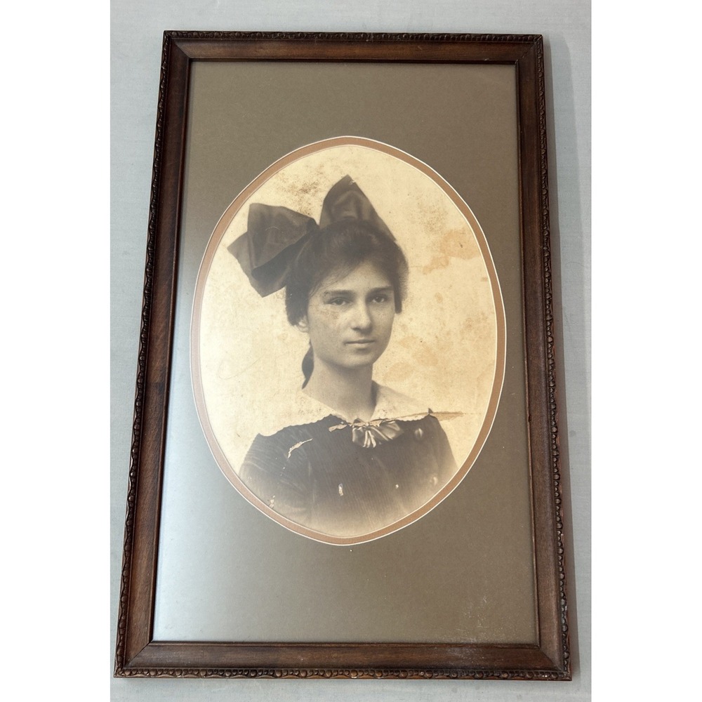 Antique Early 1900's Framed Portrait Sepia Photo Of Girl W Hair Bow Edwardian
